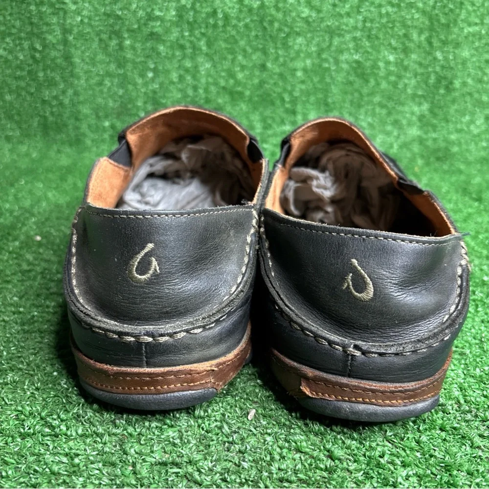 OluKai Men's Moloa Black / Toffee Leather Comfort Slip On Shoes Size‎ 10
